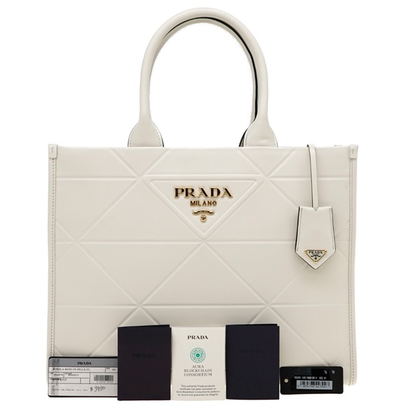 Prada Symbole Medium Tote With Topstitching White Leather 1BA378 New - Picture 4 of 7